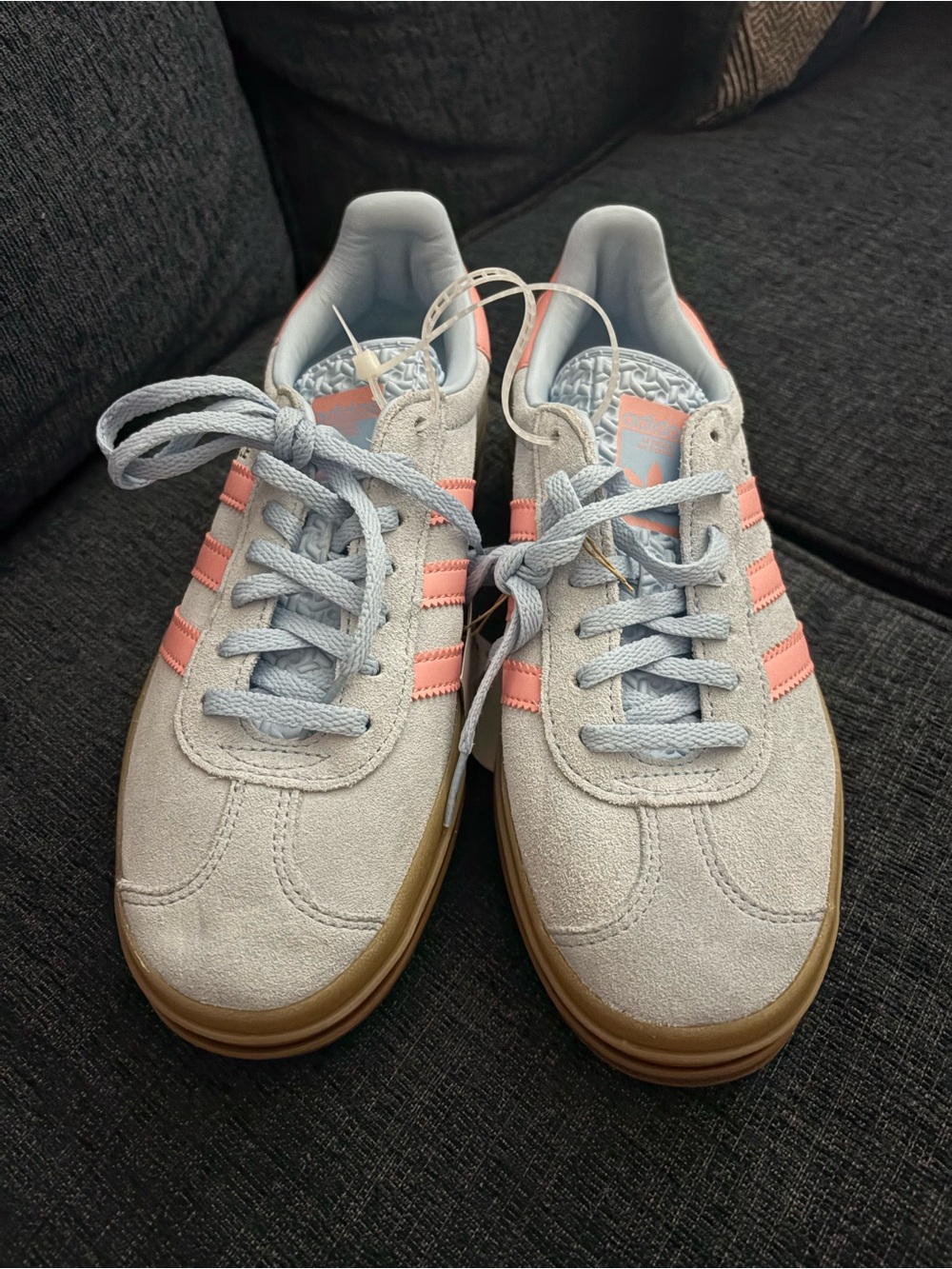 adidas Women's Light Gray Suede Sneakers with Pink Stripes
